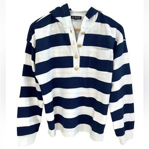 J. Crew Navy Blue Striped Pullover Terry Henley Hoodie Sweatshirt, Size S